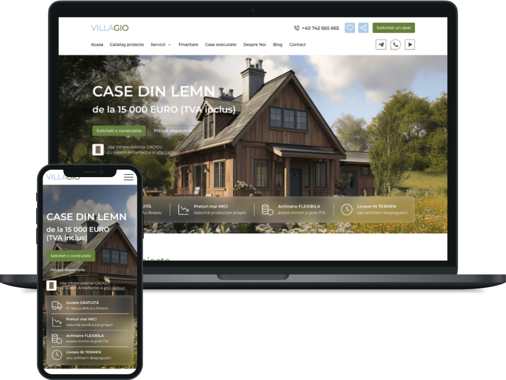 Villagio sajt za premium graditelja vikendica prikazan na desktop i mobilnom uređaju